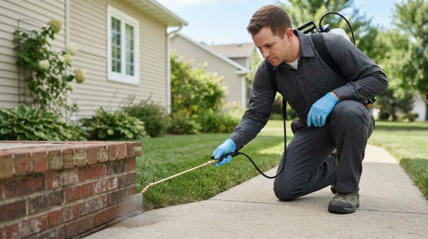 Pest control technician treating a home near Decatur, IA