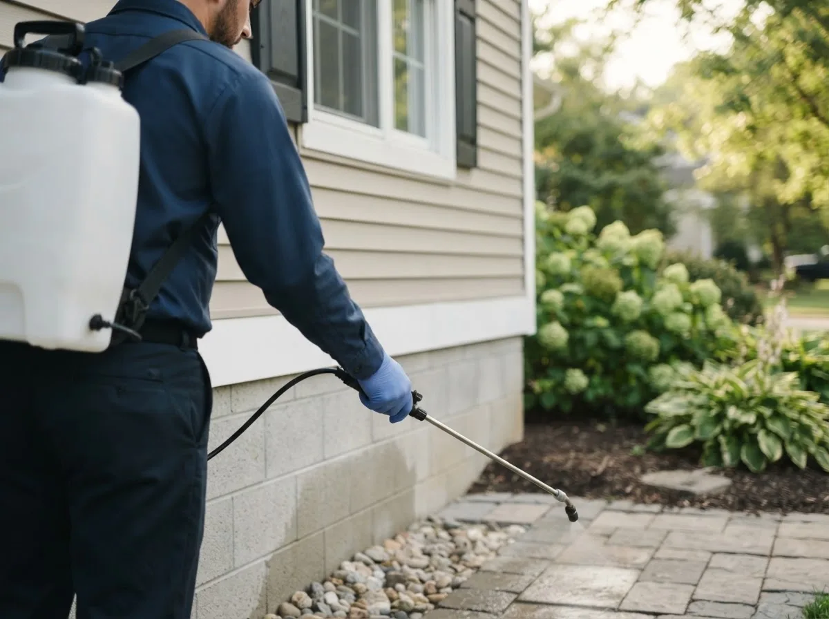 Pest control technician inspecting a home in Decatur, IA
